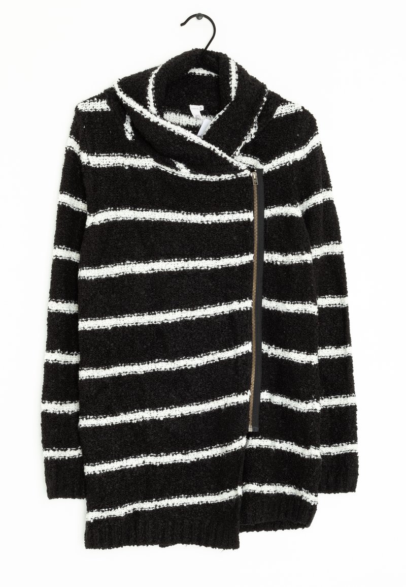 Black and white striped sweater with a soft, textured fabric, featuring a wide fold-over collar and a side zipper.