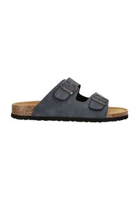 Grå mocka slide-sandal med två justerbara spännen, korkfotbed och svart gummisula. Har en rund tå och öppen design.