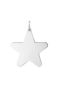 Pendente a forma di stella argentata con superficie liscia e riflettente e un piccolo anello per il fissaggio. Design minimalista, forma a cinque punte. Senza motivi.