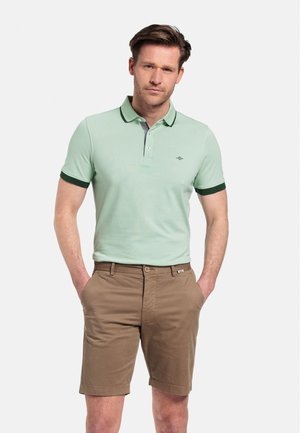 Lichtgroene polo met donkergroene accenten, gecombineerd met bruine shorts. Het shirt heeft een twee-knopen sluiting en een zachte textuur.