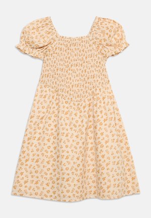 Μπεζ φόρεμα μήκους έως το γόνατο με μανίκια φουσκωτά και κορσάζ με σφηκοφωλιά, με μικρό πορτοκαλί λουλουδάτο μοτίβο σε όλο το ύφασμα.