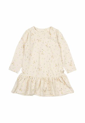 Langärmliges Kleid aus leicht beigem Stoff mit floralem Druck in Gelb und Lila. Mit Rüschen am Saum und weichem, strukturiertem Material.