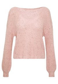 Miękki różowy sweter z dzianiny o luźnym kroju, szerokim dekolcie w łódkę i długich rękawach, z teksturowanym wzorem z drobnymi plamkami.
