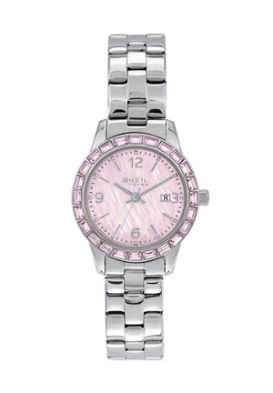 Montre en acier inoxydable argenté avec un cadran rose irisé, une lunette ornée de cristaux et un affichage de la date. Présente un design de bracelet à maillons.
