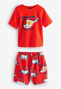 Röd kortärmad skjorta med grafik av polishelikopter; röda shorts med tecknade polisbilar. Tillverkad i bomull, elastisk midja, lekfull design.