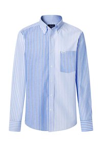 Camicia da uomo con bottoni, caratterizzata da strisce verticali blu e bianche, taschino sul lato sinistro e maniche lunghe con dettagli sui polsini.