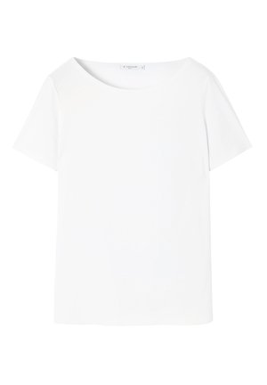Witte t-shirt met korte mouwen en ronde halslijn, gemaakt van een gladde stof, met een minimalistisch ontwerp en zonder zichtbare patronen of versieringen.