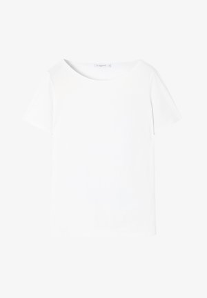 Biała koszulka z krótkim rękawem o okrągłym dekolcie, wykonana z gładkiego materiału, charakteryzująca się minimalistycznym designem i brakiem widocznych wzorów lub ozdób.