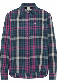 Knapp-up rutig skjorta i nyanser av marinblått, rosa och grått. I bomullstyg med klassisk krage, bröstficka och långa ärmar.