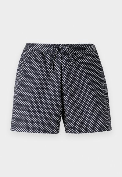 Shorts bleu marine avec un motif de pois circulaires blancs, dotés d'une taille élastique avec cordon de serrage. Tissu léger, coupe détendue.