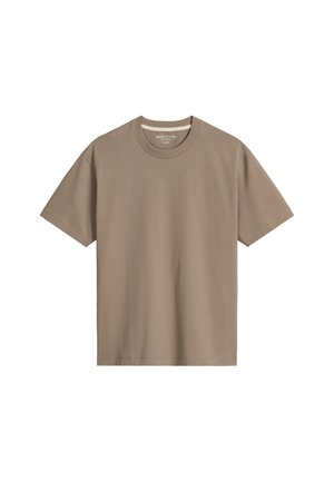 Beige T-shirt met korte mouwen, gemaakt van glad katoen. Heeft een ronde hals en een reguliere pasvorm, zonder patronen of afbeeldingen.