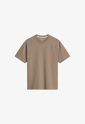 Beige T-shirt met korte mouwen, gemaakt van glad katoen. Heeft een ronde hals en een reguliere pasvorm, zonder patronen of afbeeldingen.