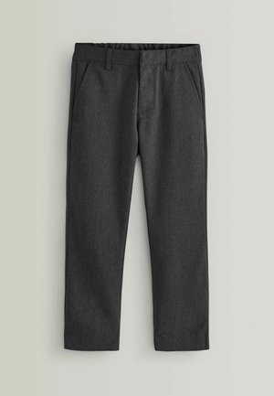 Pantalons gris foncé en tissu texturé, avec une taille plate, des poches latérales et une coupe droite.