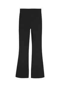 Pantaloni neri a palazzo realizzati in morbido tessuto. Presentano una vita piatta e una finitura liscia e senza decorazioni. La campana inizia al ginocchio.