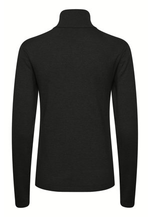 Pull en maille noire à col roulé et manches longues. Présente un col et un ourlet côtelés. Texture lisse, coupe classique, sans motifs ni embellissements visibles.