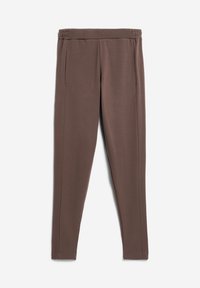 Pantalon slim marron avec taille élastique et poches latérales, présenté à plat sur fond blanc.