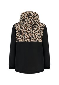 Kapuzenshirt mit einem schwarzen Unterkörper und einem oberen Abschnitt mit Leopardenmuster. Verfügt über elastische Bündchen und eine glatte Textur.