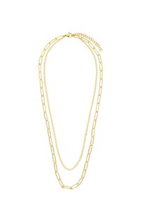 Goudkleurige gelaagde ketting met een combinatie van langwerpige schakelkettingen en delicate kabelkettingen, met een sluiting met een kreeftsluiter.