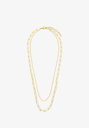 Gold-tone layered necklace featuring a combination of elongated link chains and delicate cable chain, with a lobster clasp closure.