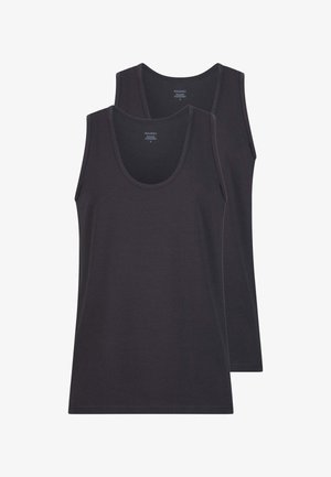 Canotte nere in tessuto morbido ed elastico con ampi spallacci e scollo arrotondato. Due pezzi mostrati con una texture liscia.