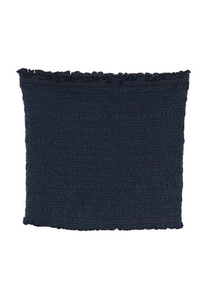 Donker marineblauw gerimpeld stoffen tube top met elastische textuur en geruite randen boven en onder.