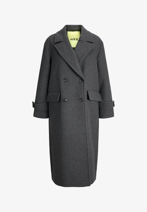 Grijze wollen mengeling, dubbelzijdige jas met grote revers, twee voorkeurszakken en mouwen met omslag. Gevoerd met felgele stof.