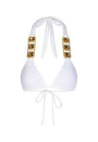 Top bikini bianco con coppe a triangolo, con spalline regolabili e hardware accentato in oro con gemme rettangolari sulle cinghie.