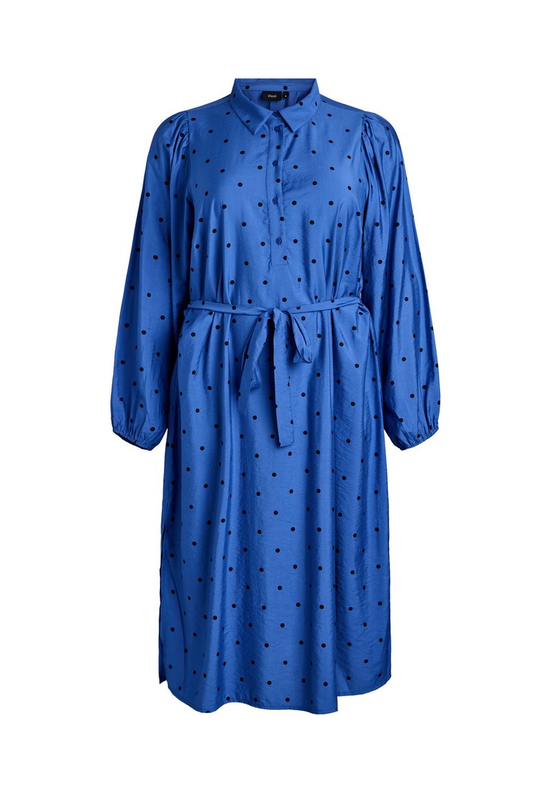 Blaues Midi-Kleid mit schwarzen Pünktchen, langen Puffärmeln, geknöpftem Kragen und einem gebundenen Taillengürtel.