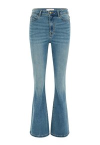 Blugi evazați de culoare albastru deschis, confecționați din denim, cu talie înaltă, design cu cinci buzunare și o ușoară decolorare care adaugă textură.