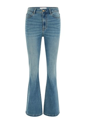 Šviesiai mėlyni džiuto džinsai, pagaminti iš džinso audinio, su aukšta juosmeniu, penkių kišenių dizainu ir subtiliu išblukimu tekstūrai.