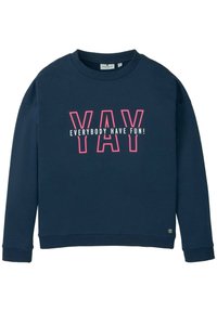 Felpa blu navy con maniche lunghe, polsini a coste e collo a girocollo. Presenta un audace testo rosa e bianco: "YAY TUTTI DIVERTITEVI!"