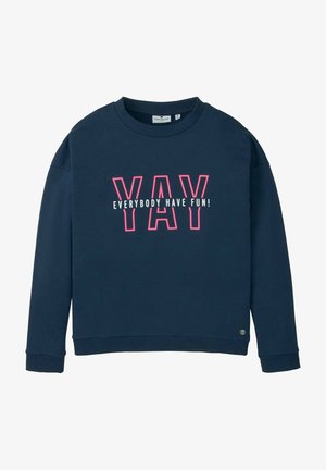 Sudadera azul marino de manga larga, con puños acanalados y cuello redondo. Presenta un texto en neón rosa y blanco: "¡SÍ, TODO EL MUNDO DIVIÉRTETE!"