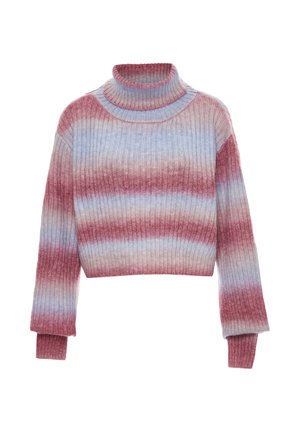 Gestrickter, kurz geschnittener Pullover mit hohem, geripptem Rollkragen. Mit horizontalen Streifen in Pink, Rot und Hellblau. Weicher Stoff, lange Ärmel.