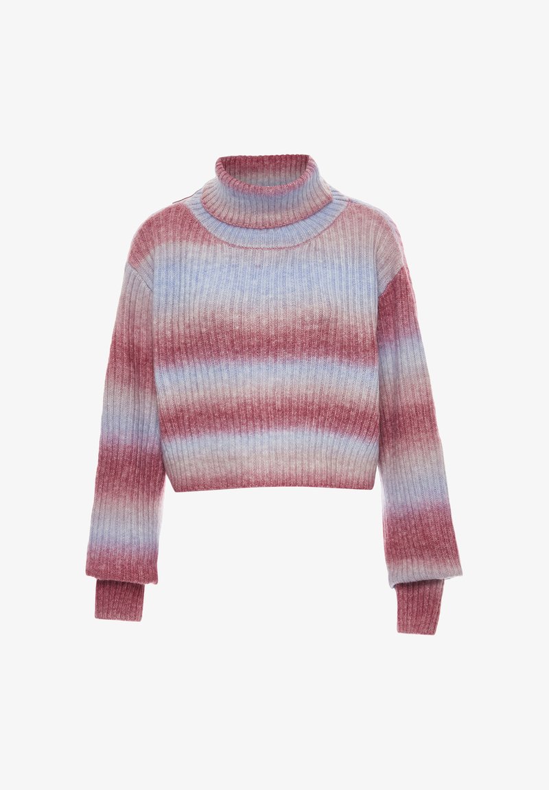 Gestrickter, kurz geschnittener Pullover mit hohem, geripptem Rollkragen. Mit horizontalen Streifen in Pink, Rot und Hellblau. Weicher Stoff, lange Ärmel.