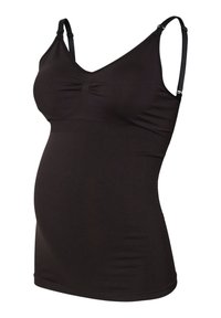 Zwarte zwangerschaps tanktop met verstelbare sp straps, plissé voorkant en een rekbare, gladde stof ontworpen voor comfort tijdens de zwangerschap.