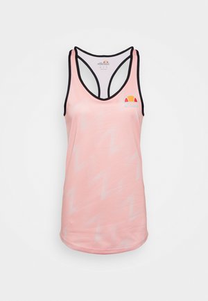 Różowy sportowy top na ramiączkach z czarną lamówką, fason racerback oraz logo ellesse na lewej przedniej części klatki piersiowej i wewnątrz kołnierzyka.