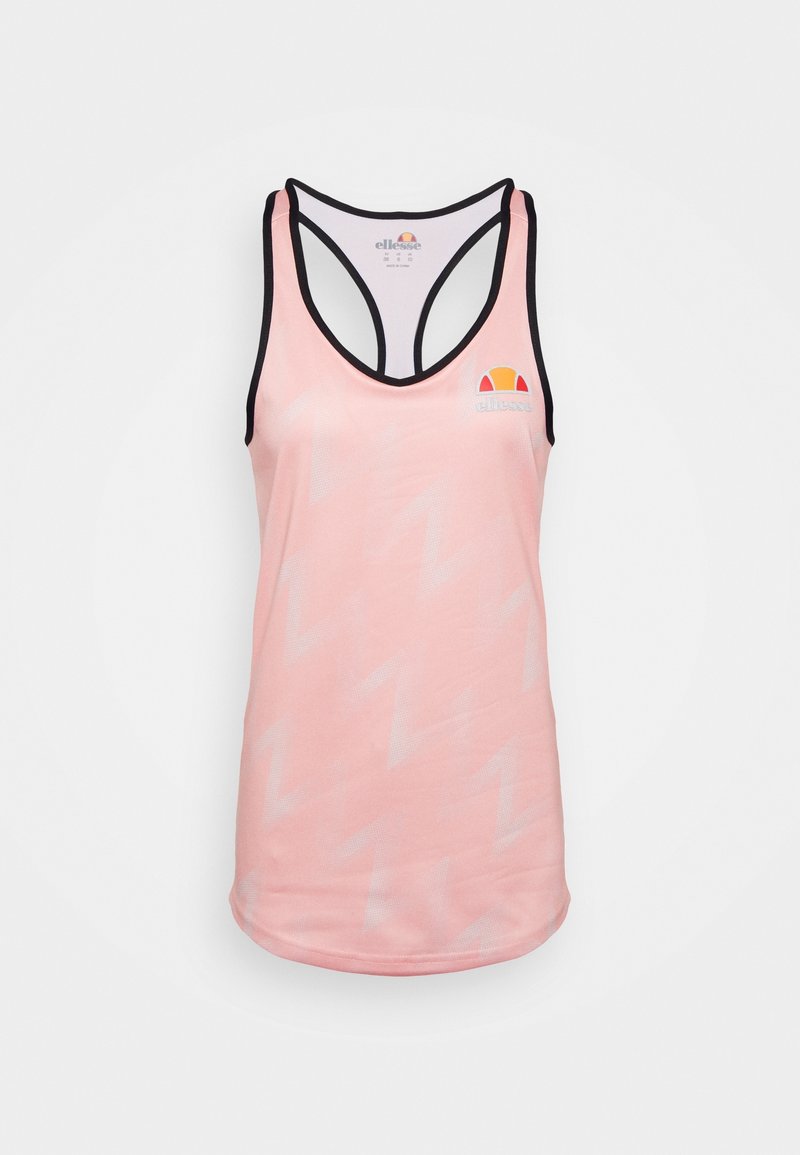 Débardeur de sport rose avec bordure noire, dos nageur, avec le logo ellesse sur le côté gauche de la poitrine avant et à l'intérieur du col.