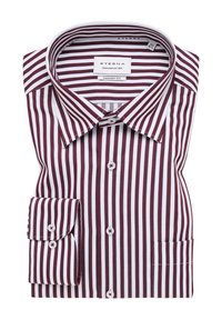 Camicia a righe bordeaux e bianca, vestibilità comoda, maniche lunghe, colletto button-down e polsini singoli. Etichetta del marchio Eterna all'interno del colletto.