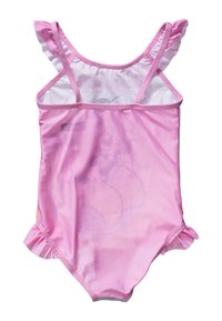 Rosa baddräkt med volangaxlar, mjuk yta och färggrafisk mönstring. Resår i midjan för bra passform.