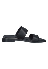 Sandales à glissière en cuir noir avec deux larges bandes. Semelle plate avec un fond texturé pour une meilleure adhérence. Design minimaliste et finition lisse.