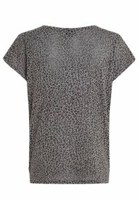 T-shirt gris à manches courtes avec un motif léopard, présentant une coupe décontractée et un tissu doux et texturé vue de dos.