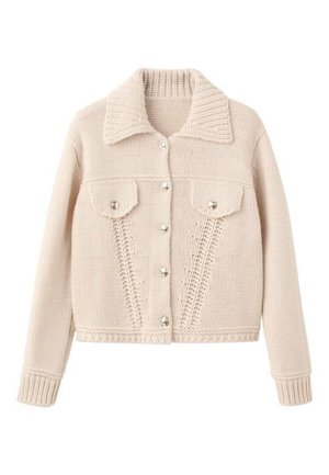 Knit beige cardigan with a collar, two front pockets, and silver button closures; features textured patterns and ribbed cuffs.