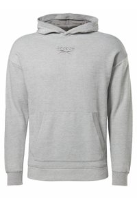 Sweat à capuche Reebok gris clair avec poche kangourou à l'avant et logo brodé sur la poitrine, doté d'une capuche ainsi que de poignets et d'un ourlet côtelés.