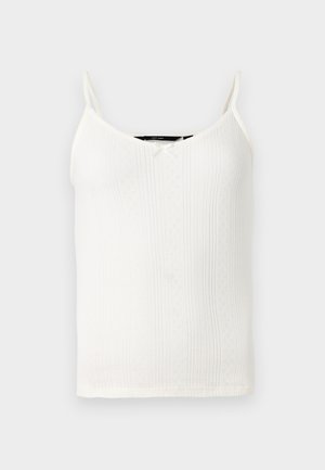 Bela top s tankastimi naramnicami, ki se ponaša z V-izrezom, rebrasto teksturo in majhnimi diamanti po celotni tkanini.
