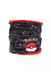 Zwarte stoffen nekkraag met verschillende Pokémon-karakters in witte omtrek, met een rode fleece binnenkant en een rode bovenrand. Inclusief "Pokémon"-logo.