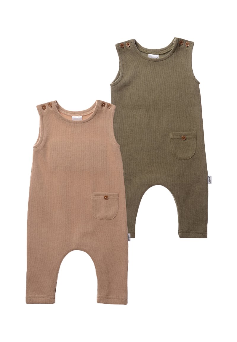 Two ribbed cotton rompers, one in beige with a front pocket and the other in olive green, both with button accents on the shoulders.