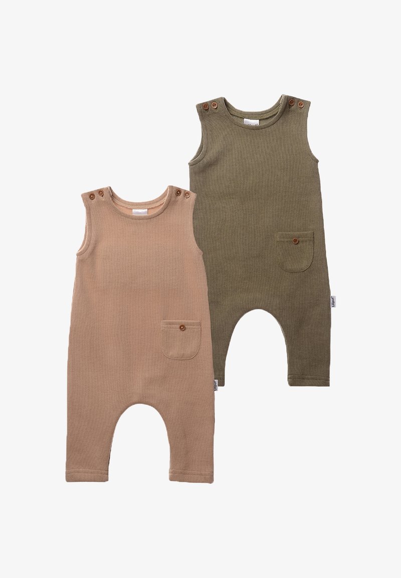 Two ribbed cotton rompers, one in beige with a front pocket and the other in olive green, both with button accents on the shoulders.
