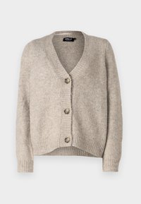 Beige gebreide cardigan met een V-hals en vijf knopen, voorzien van geribbelde boorden en een ontspannen pasvorm. Zachte textuur, geen zichtbare patronen.