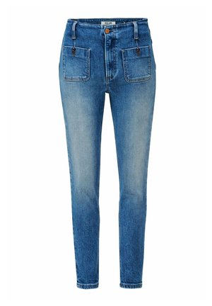 Jeans de mezclilla azul de cintura alta con un acabado desgastado, que cuentan con dos bolsillos frontales, un cierre de botón y un diseño ajustado.