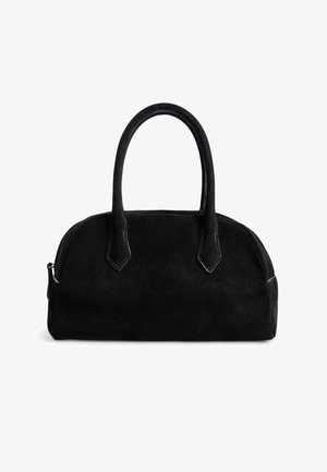 Must mustrakk käekott, millel on ümmargune kuju, kaks tugevat sangaga ja kontrastne õmblus. Omab tõmbluku sulgemist ja sileda tekstuuri.